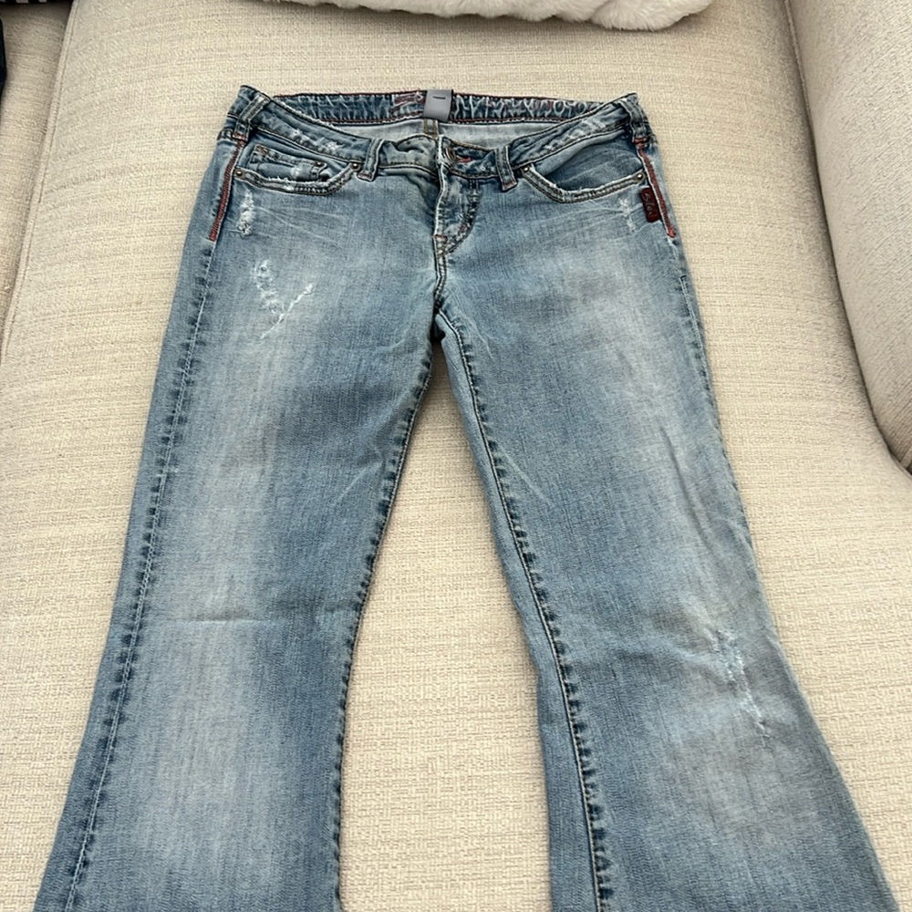 Silver Flare Jeans from Buckle. Size 28. Low rise.